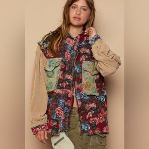 POL Red Tan Floral Embroidered Vintage Military Twill Jacket